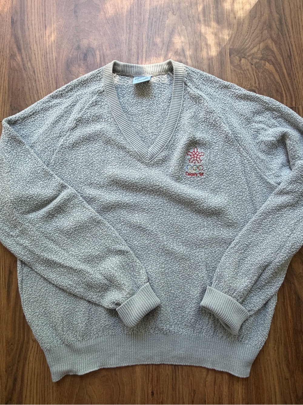 Vintage Calgary ‘88 Winter Olympics V-Neck Merch Sweater, Gray Blue
